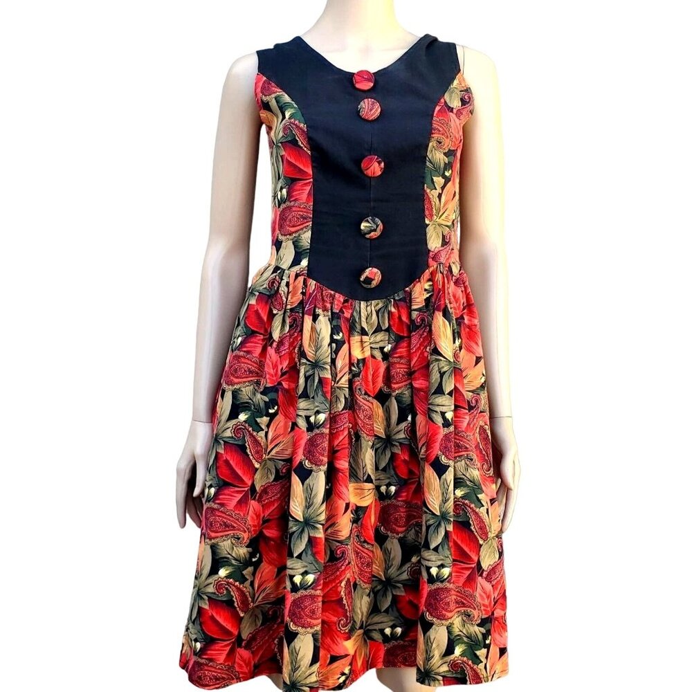 50s Dress Red Black Floral Cotton Dirndl Sleeveless Metal Zipper Pockets Small